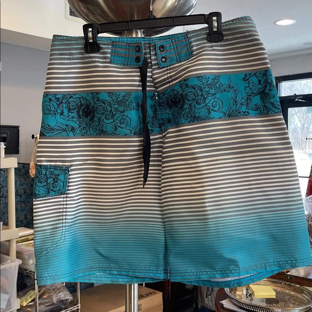 OP Men's Floral Striped Swim Shorts - Teal and Gray summer coastal beach